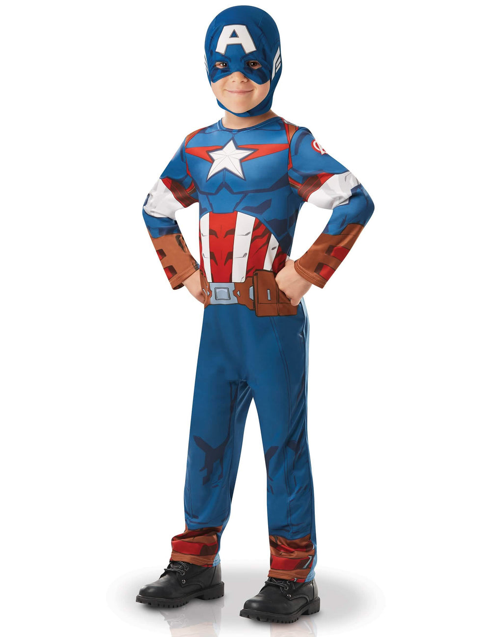 Klasszikus Captain America rajzfilmsorozatos fiú jelmez kék és piros csuklyával