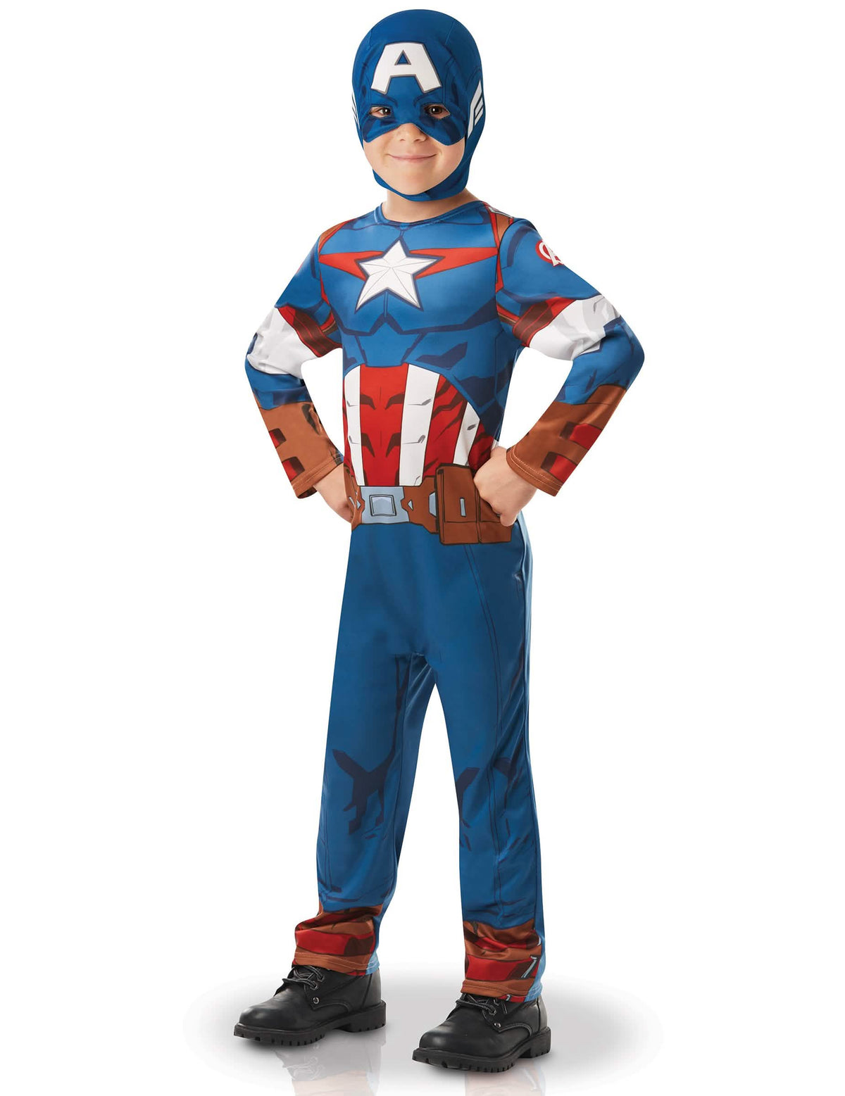 Klasszikus Captain America rajzfilmsorozatos fiú jelmez kék és piros csuklyával