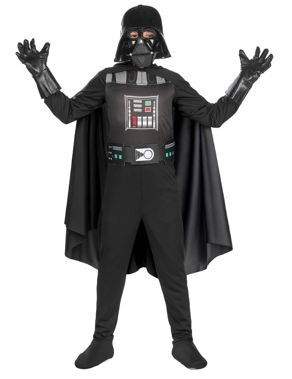 Elölnézet felemelt karokkal a fiúknak készült klasszikus Darth Vader jelmezről