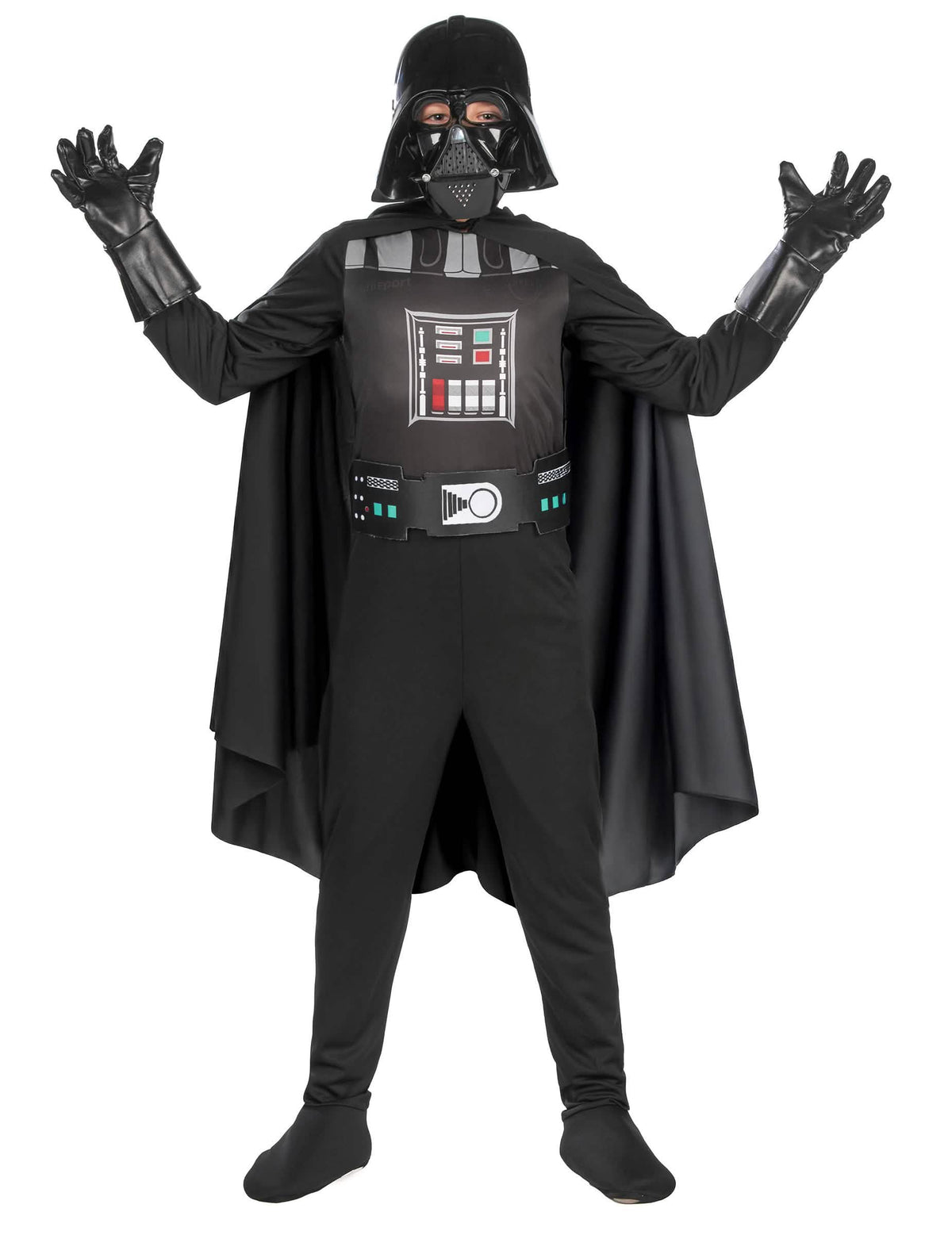Elölnézet felemelt karokkal a fiúknak készült klasszikus Darth Vader jelmezről