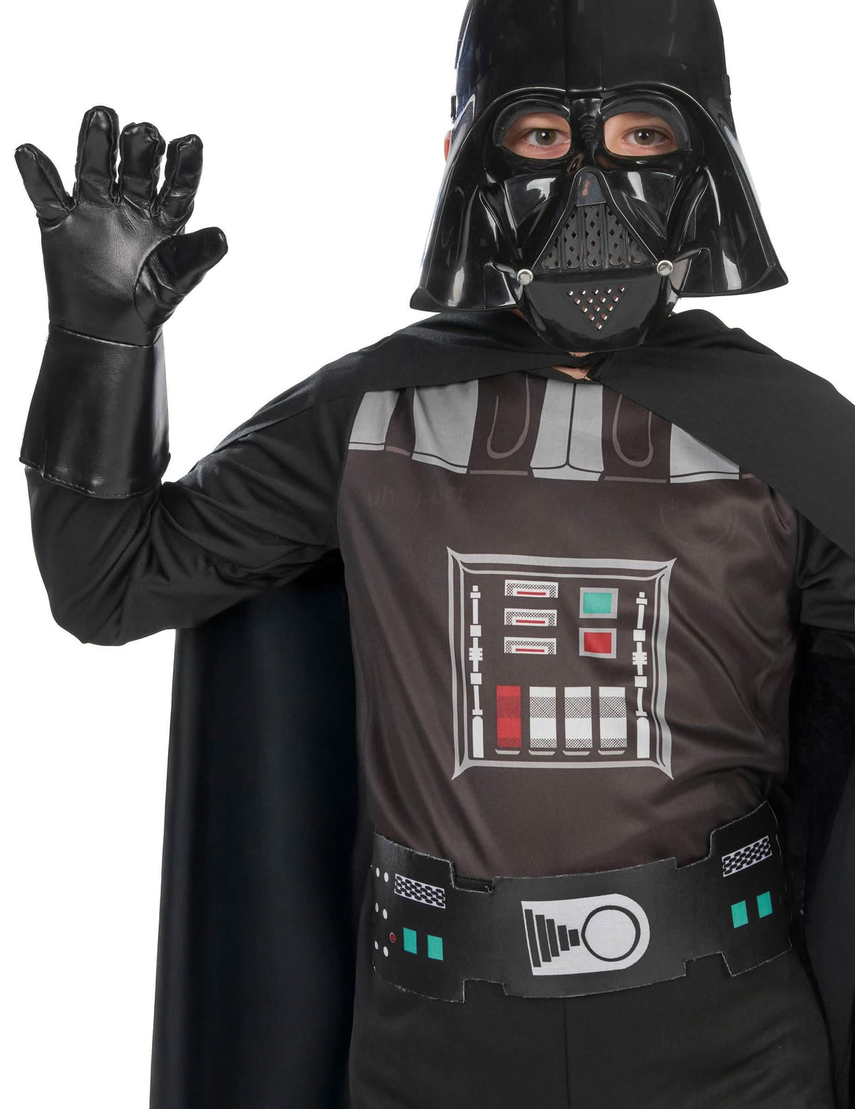 Közelkép a fiú klasszikus Darth Vader jelmezének mellkasáról és maszkjáról