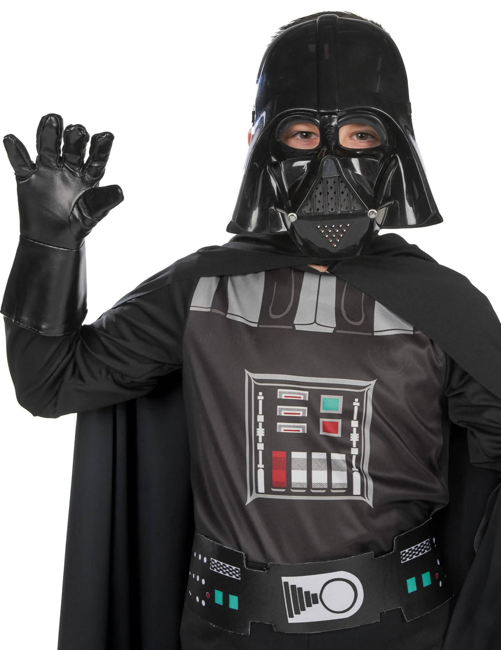 Közelkép a klasszikus Darth Vader fiú jelmez maszkjáról és kesztyűjéről