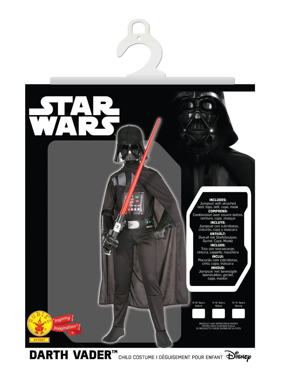 A fiúknak való klasszikus Darth Vader jelmez csomagolása és tartalma