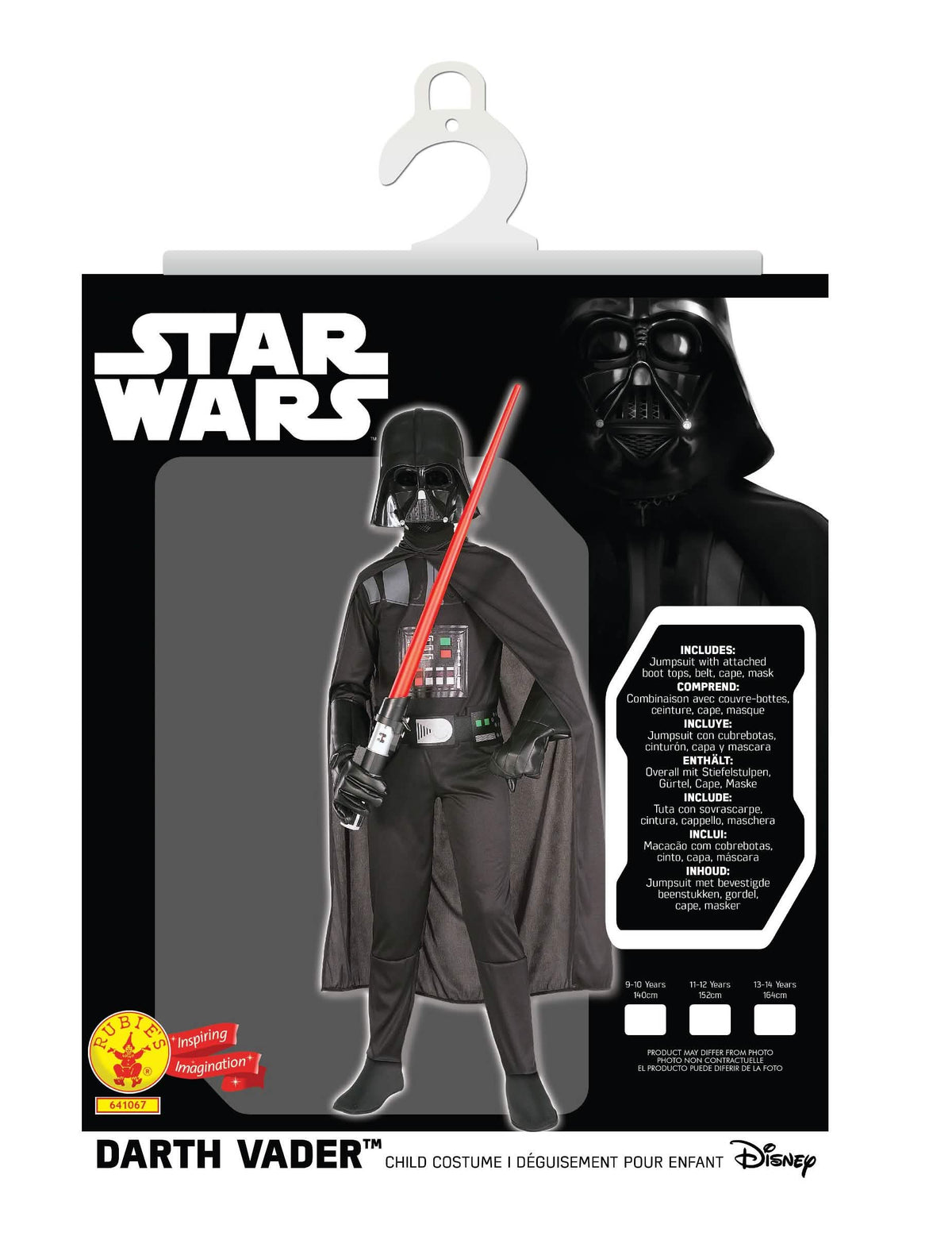 A fiúknak való klasszikus Darth Vader jelmez csomagolása és tartalma