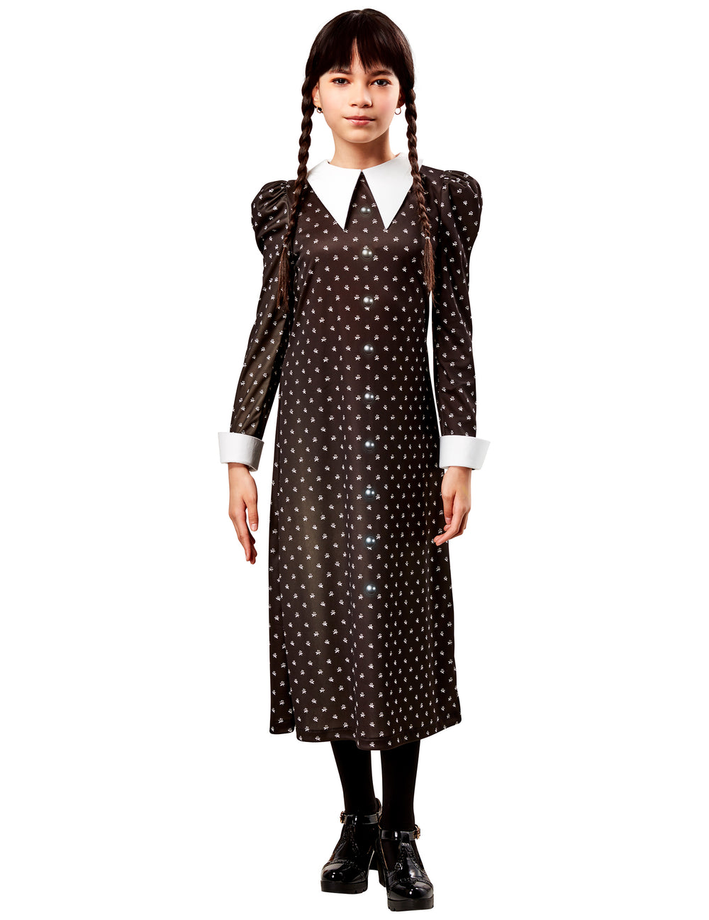 Déguisement classique Mercredi Addams™ pour enfant noir à motifs et col blanc