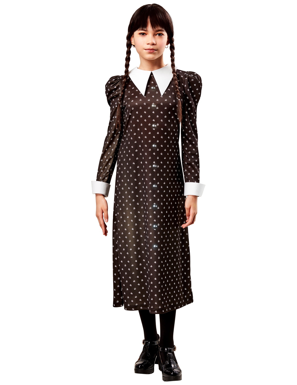 Déguisement classique Mercredi Addams™ pour enfant noir à motifs et col blanc