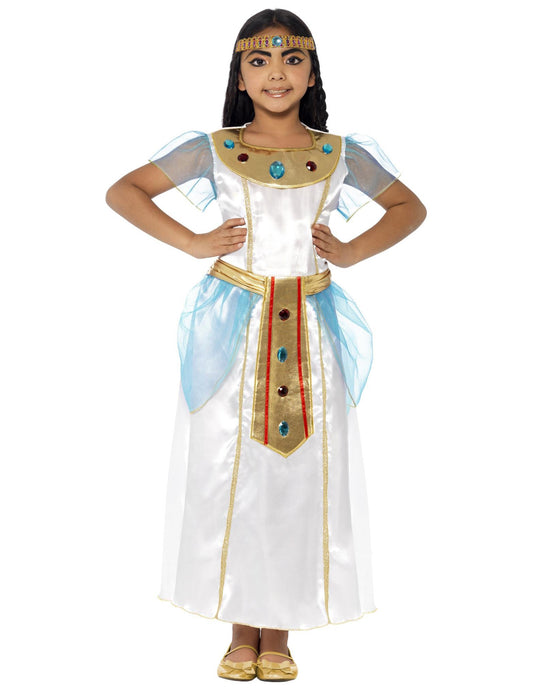Déguisement Cléopâtre luxe pour fille blanc et doré avec voile bleu