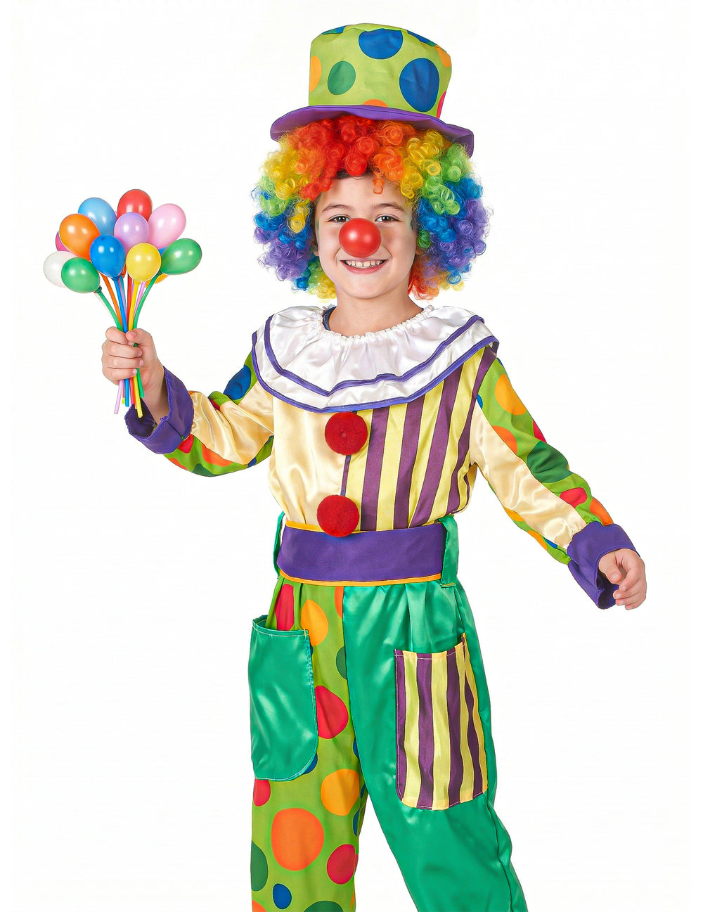 Vue de face avec bouquet de ballons du déguisement de clown bariolé pour garçon