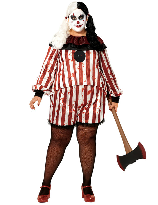Déguisement de clown cauchemardesque pour femme rayé rouge et blanc ensanglanté