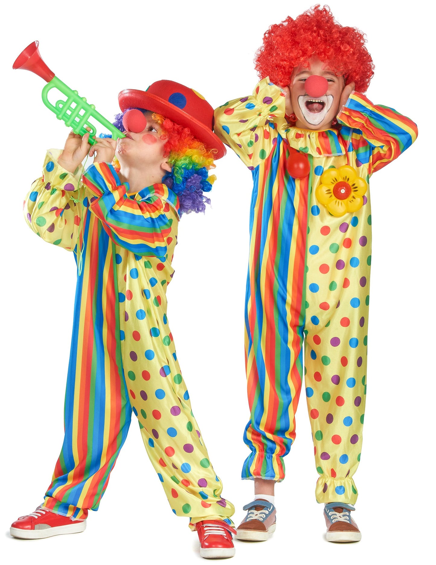 Elölnézeti és profil nézet a színes bohóc jelmezről gyermekeknek