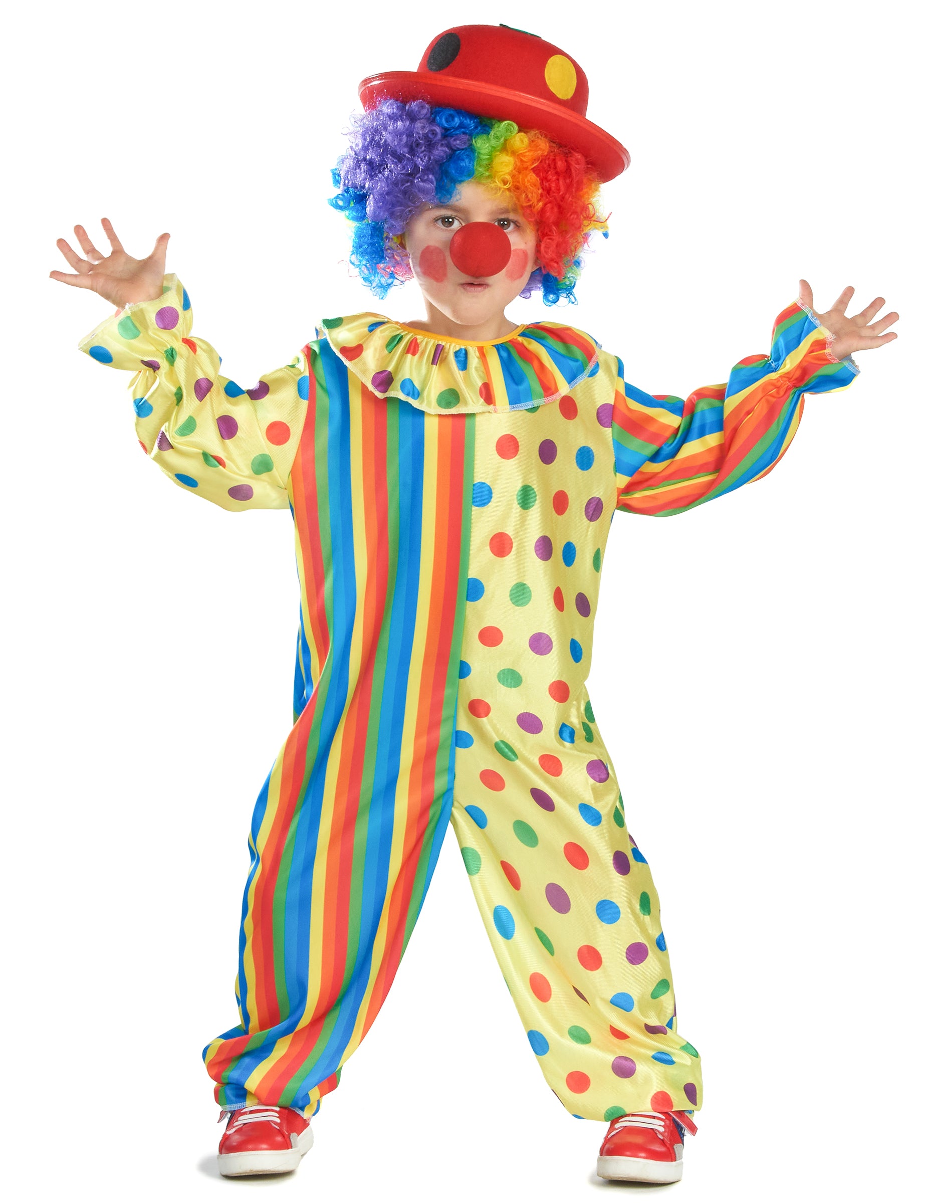 Elölnézeti nézet kiegészítőkkel a színes bohóc jelmezről gyermekeknek