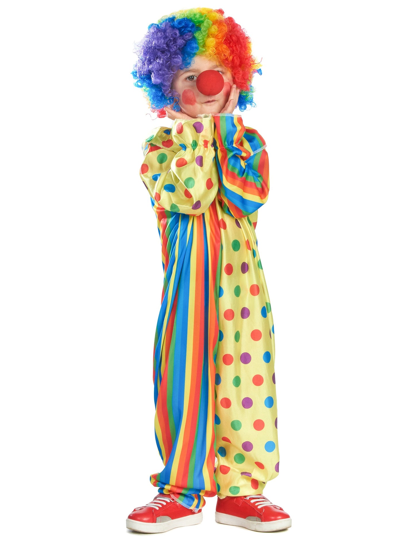 Részlet a színes bohóc jelmez multicolor parókájáról és piros orráról gyermekeknek