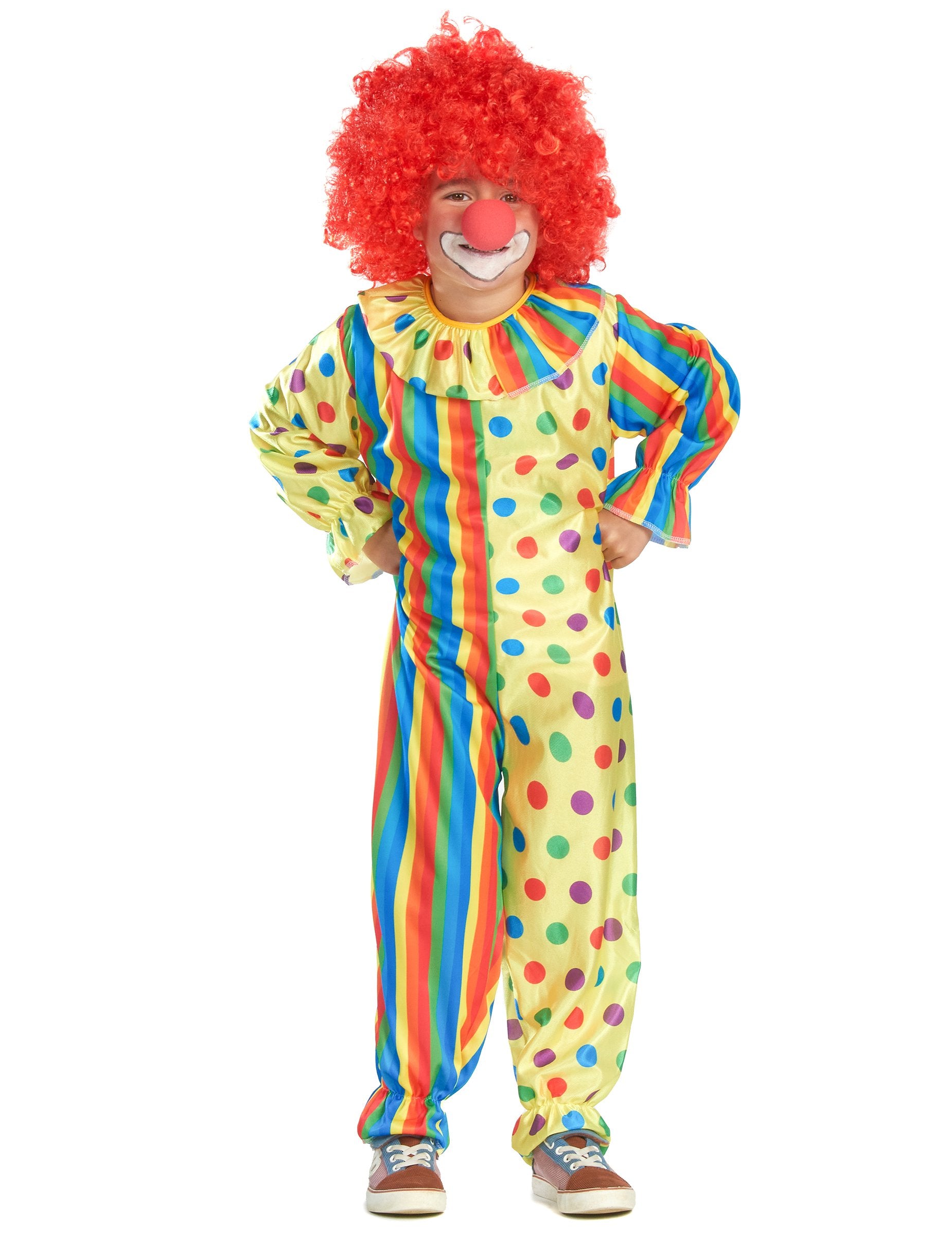 Elölnézeti nézet a színes bohóc jelmezről gyermekeknek