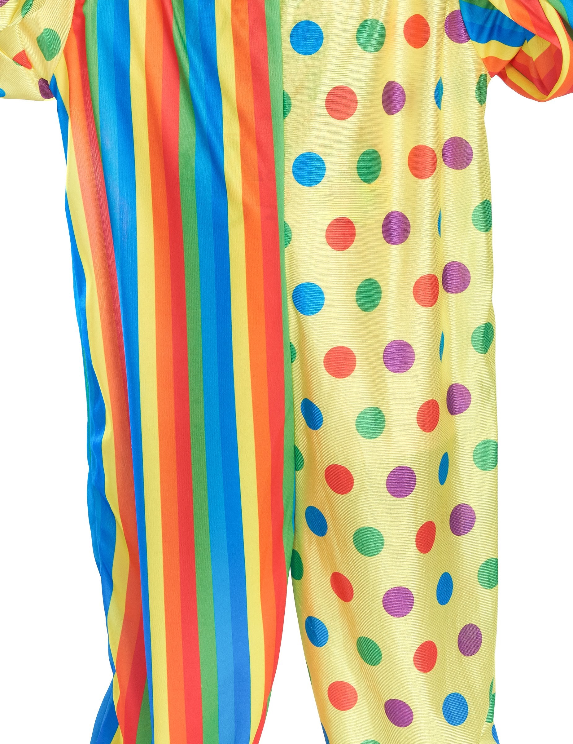 Közelkép a pöttyös és csíkos mintákról a színes bohóc jelmezről gyermekeknek