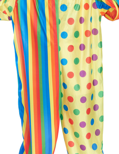 Közelkép a pöttyös és csíkos mintákról a színes bohóc jelmezről gyermekeknek