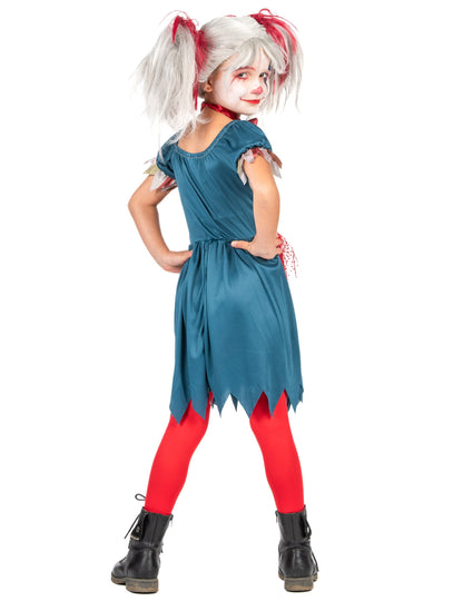 Vue de dos de trois-quarts du déguisement clown tueur coloré Halloween pour fille