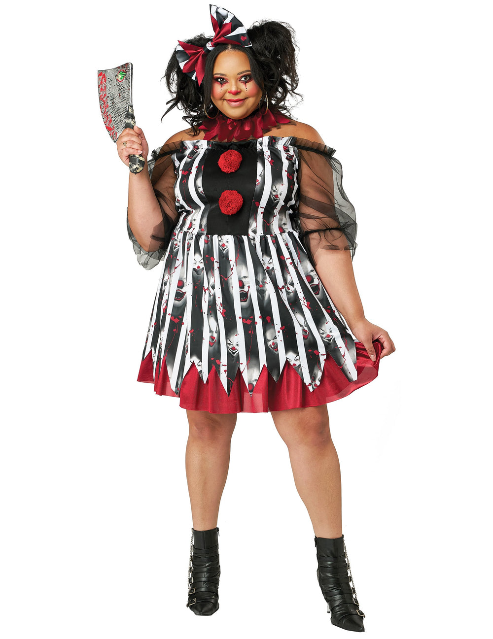Déguisement clown dément luxe pour femme noir rouge et blanc avec pompons