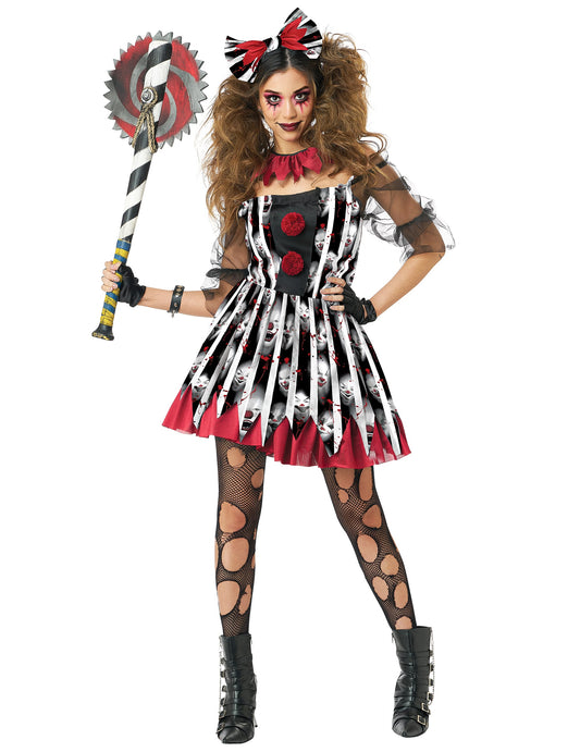 Déguisement de clown dément luxe pour femme noir et rouge avec imprimé visages de clowns