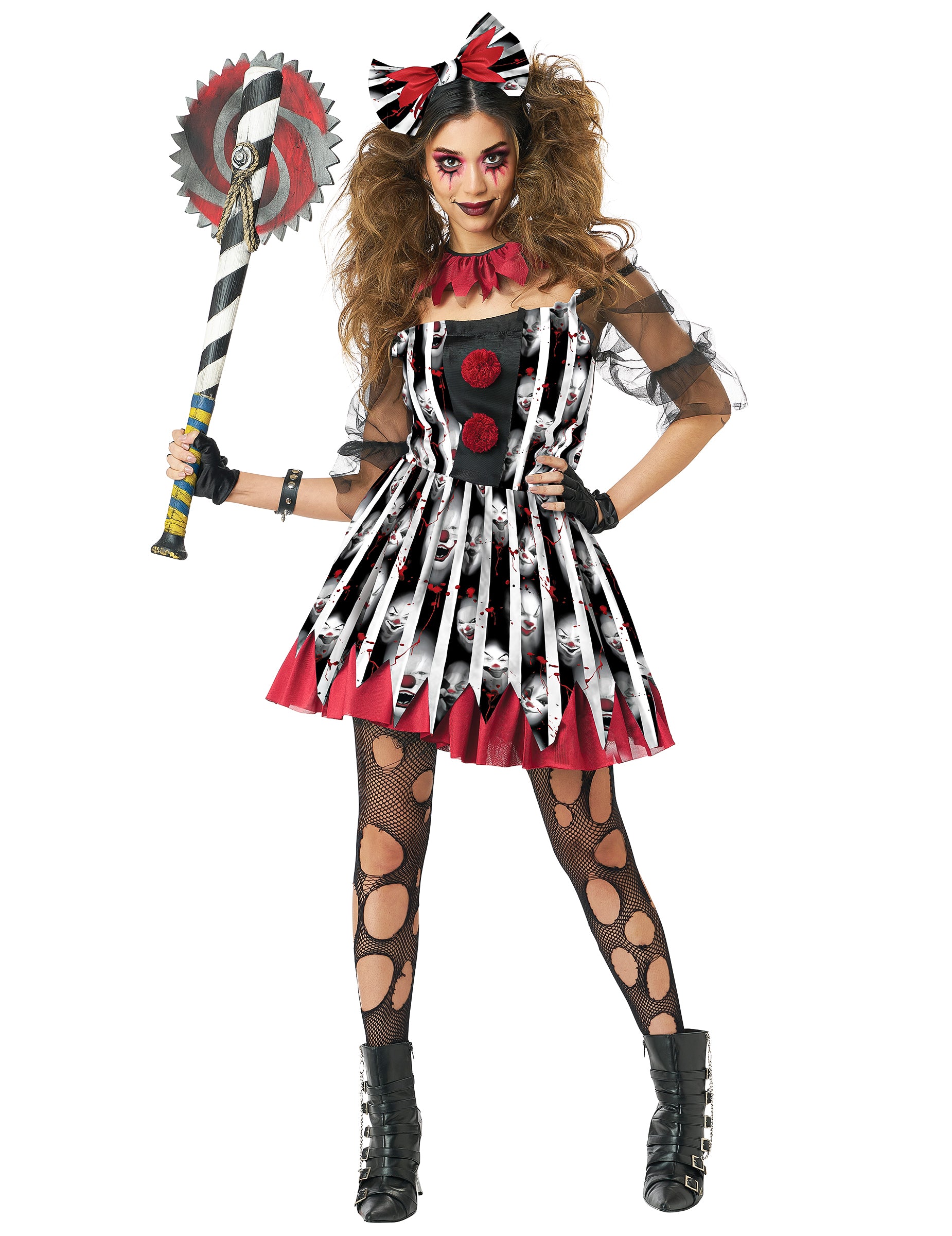 Déguisement de clown dément luxe pour femme noir et rouge avec imprimé visages de clowns