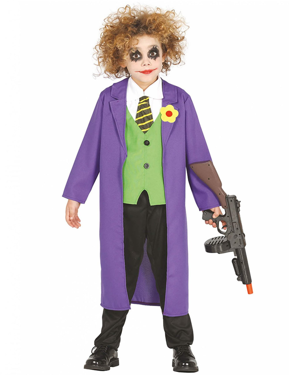 Őrült joker bohóc jelmez gyermekeknek lila és zöld hosszú kabáttal