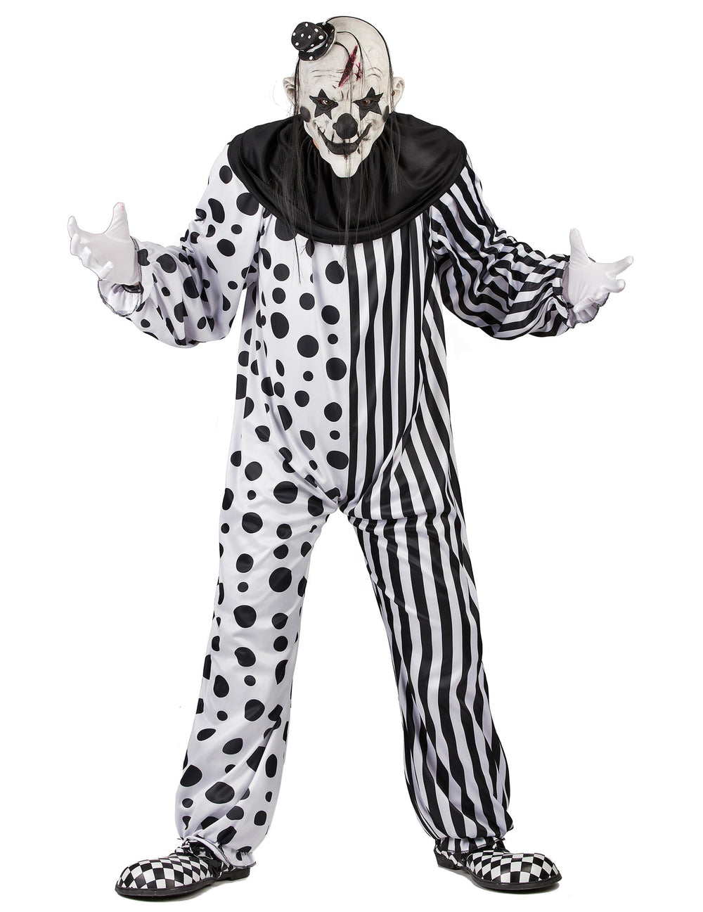 Déguisement clown monstrueux pour adulte noir et blanc à pois et rayures