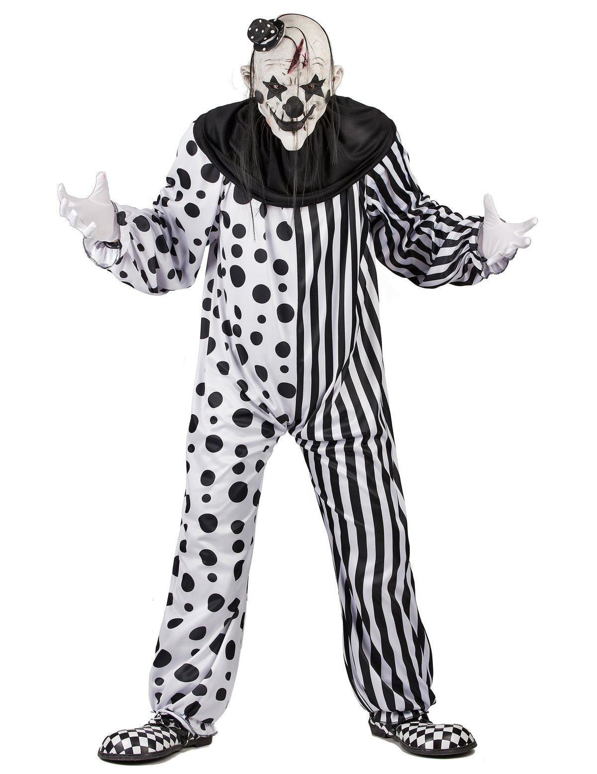 Déguisement clown monstrueux pour adulte noir et blanc à pois et rayures