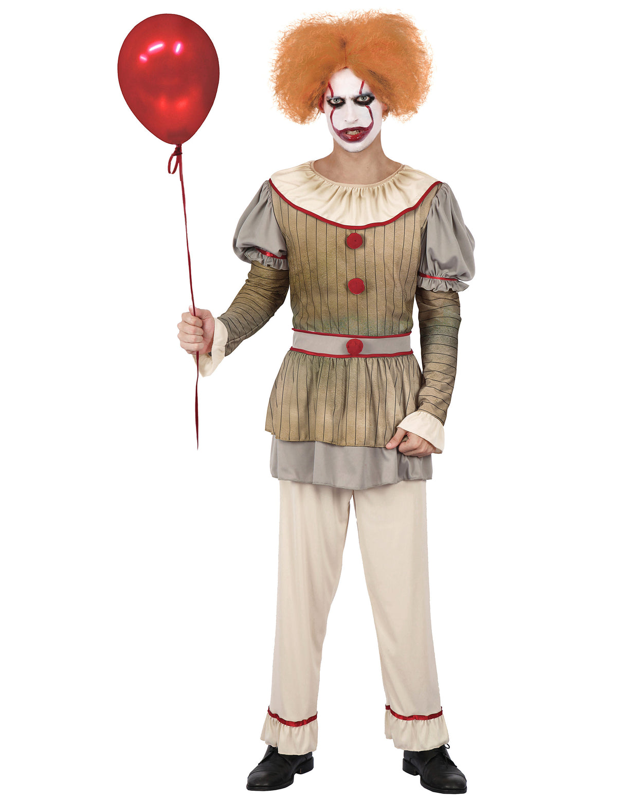 Déguisement clown psycho pour homme beige et gris avec ballon rouge