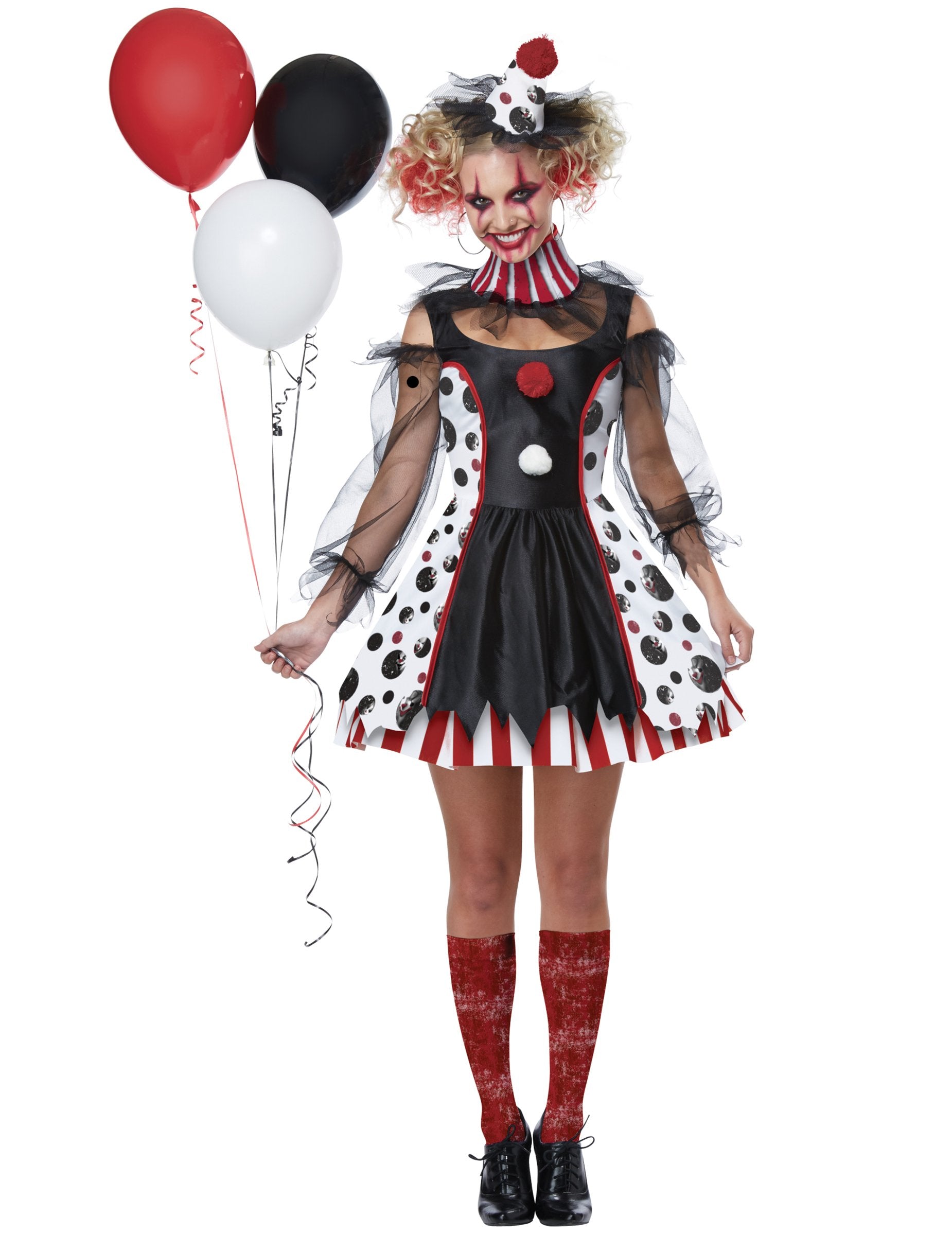 Déguisement de clown psycho pour femme noir blanc et rouge à pois et rayures