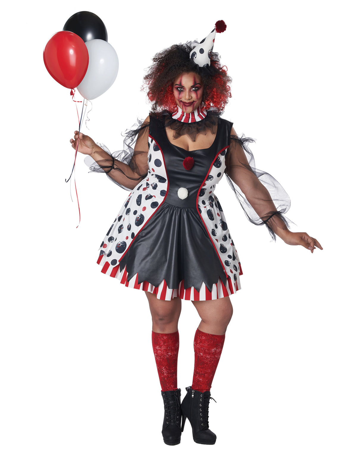 Déguisement clown psycho robe pour femme noir blanc et rouge à pois
