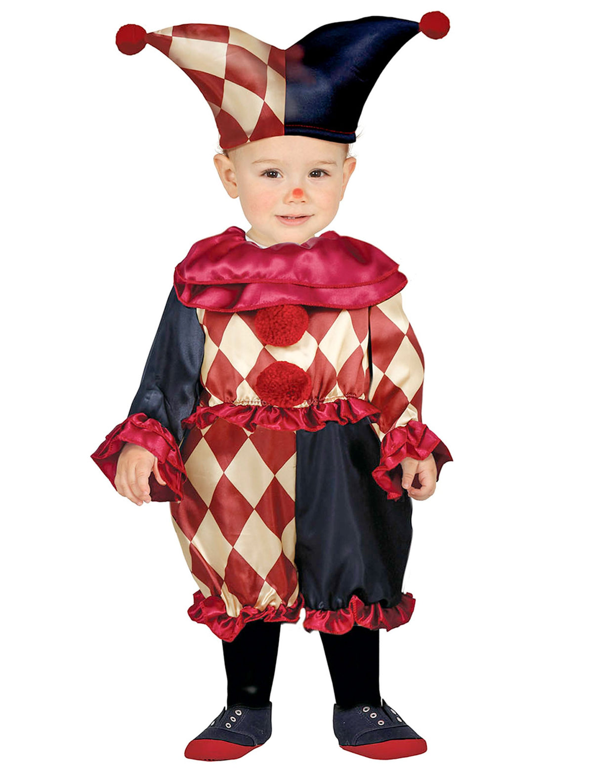 Déguisement clown sombre pour bébé à motifs losanges rouge et noir avec chapeau à pom-poms