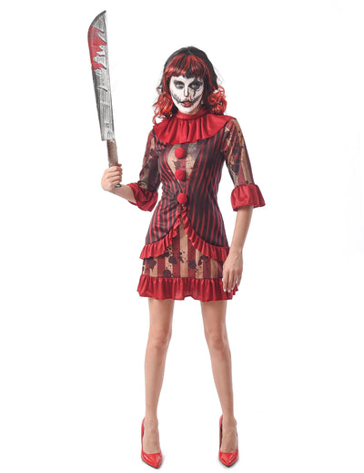 Déguisement de clown terrifiant pour femme rouge à rayures et taches de sang