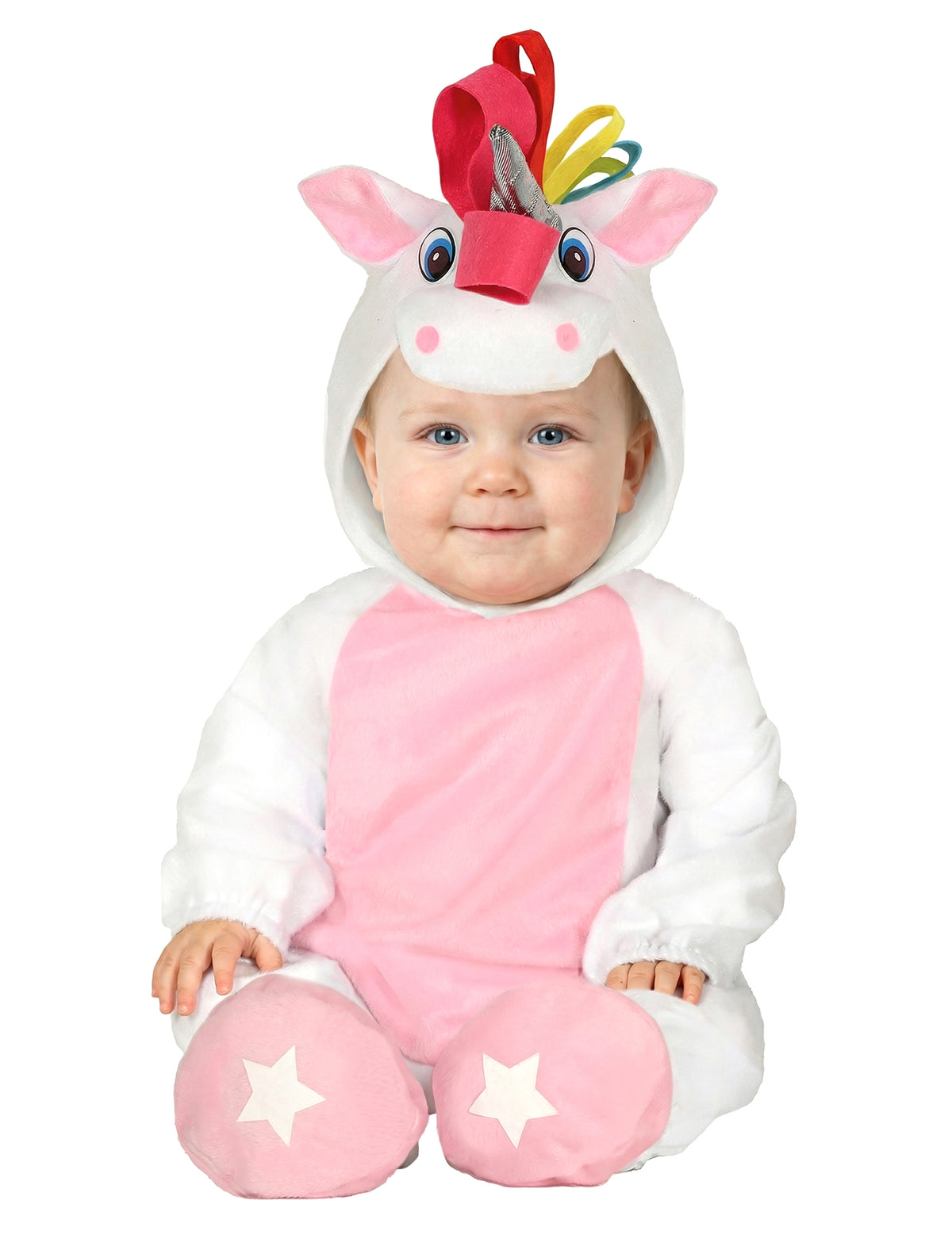 Déguisement combinaison avec capuche licorne pour bébé blanche et rose avec crinière multicolore