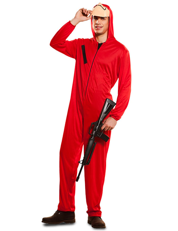Vue d'ensemble avec arme factice du déguisement combinaison et masque La Casa de Papel pour adulte