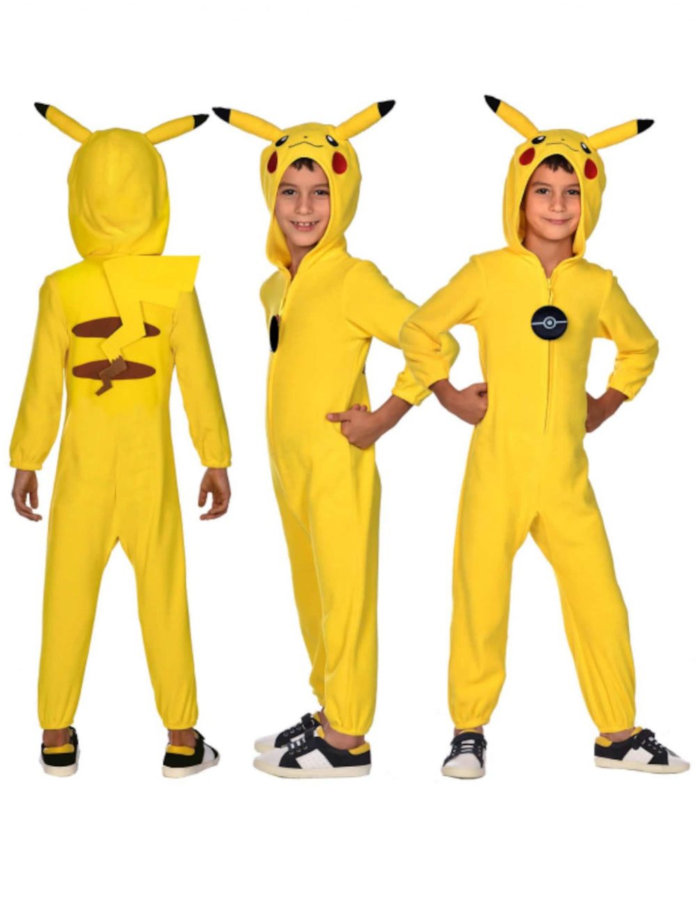 Elölnézet, hátulnézet és oldalnézet a Pikachu Pokémon™ jelmez overallról