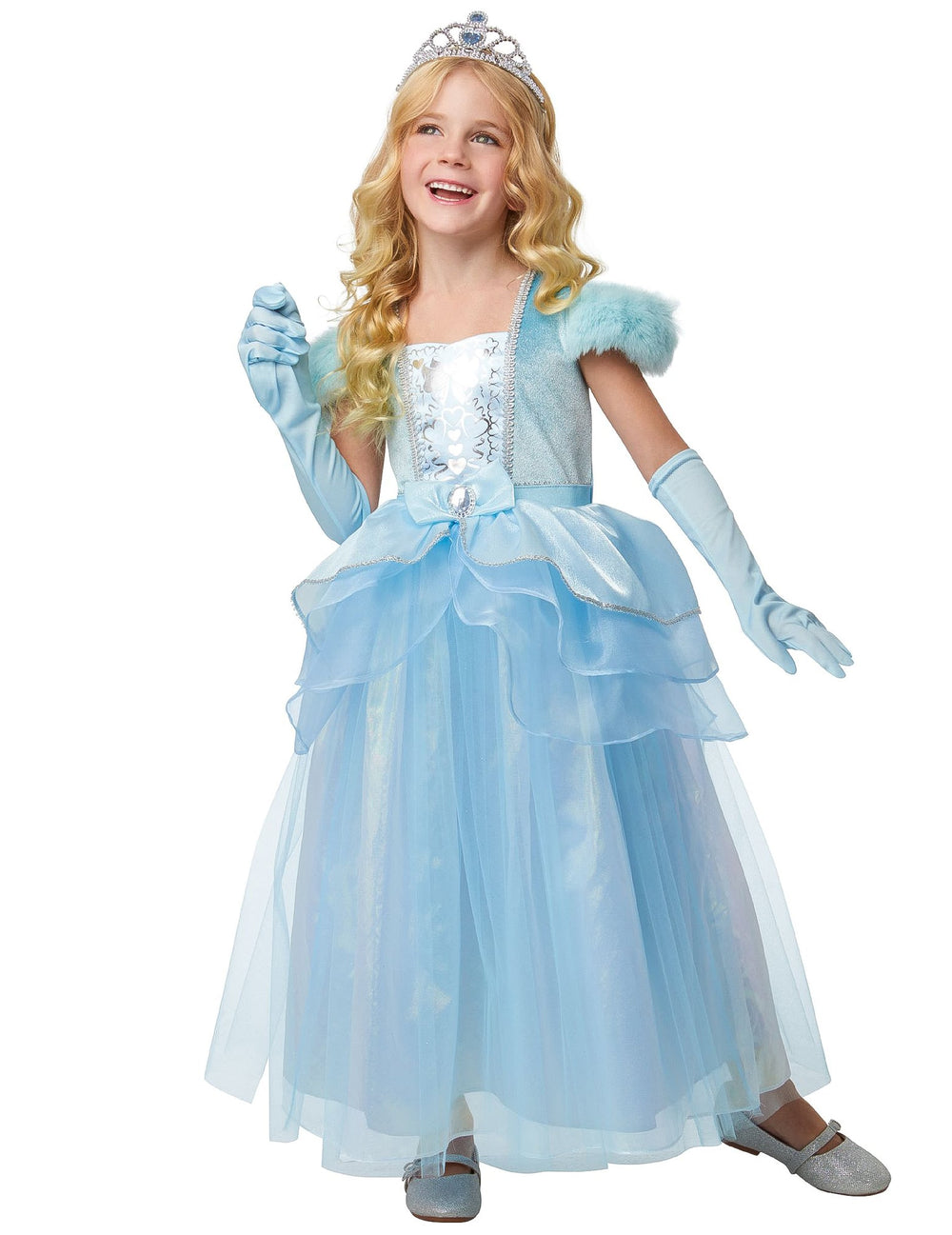 Déguisement complet princesse pour enfant bleu ciel luxe avec gants et diadème