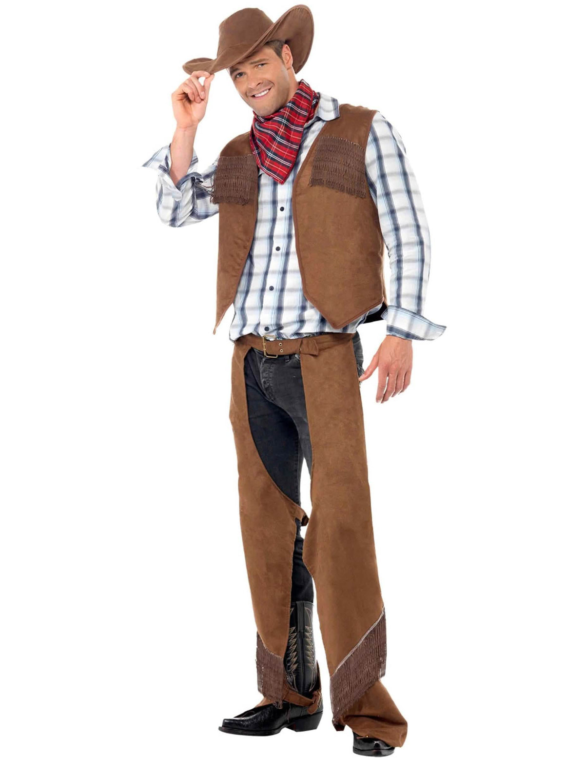 rojtos cowboy jelmez férfiaknak barna színben, kalappal és piros kendővel
