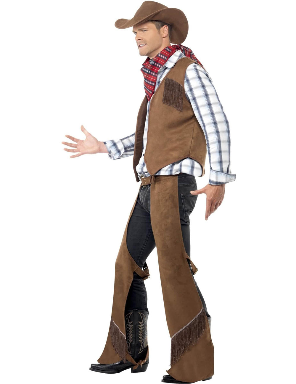 Cowboyos, rojtokkal díszített jelmez férfi oldalnézetből