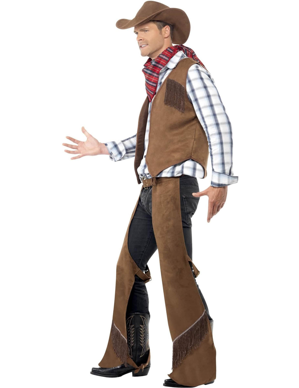 Cowboyos, rojtokkal díszített jelmez férfi oldalnézetből