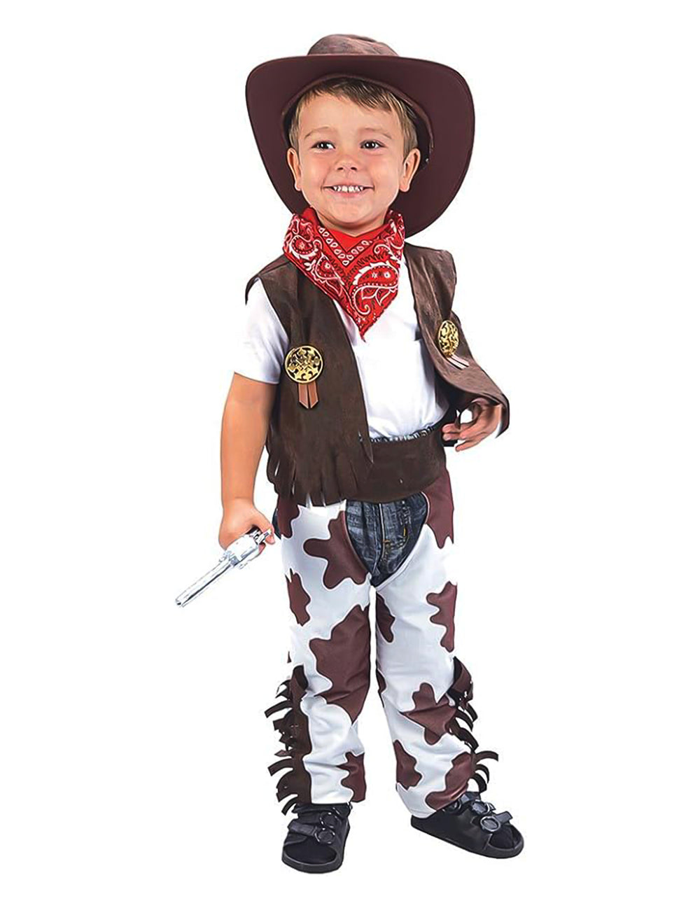 Déguisement de cowboy classique pour garçon marron et blanc avec gilet et jambières imprimé vache