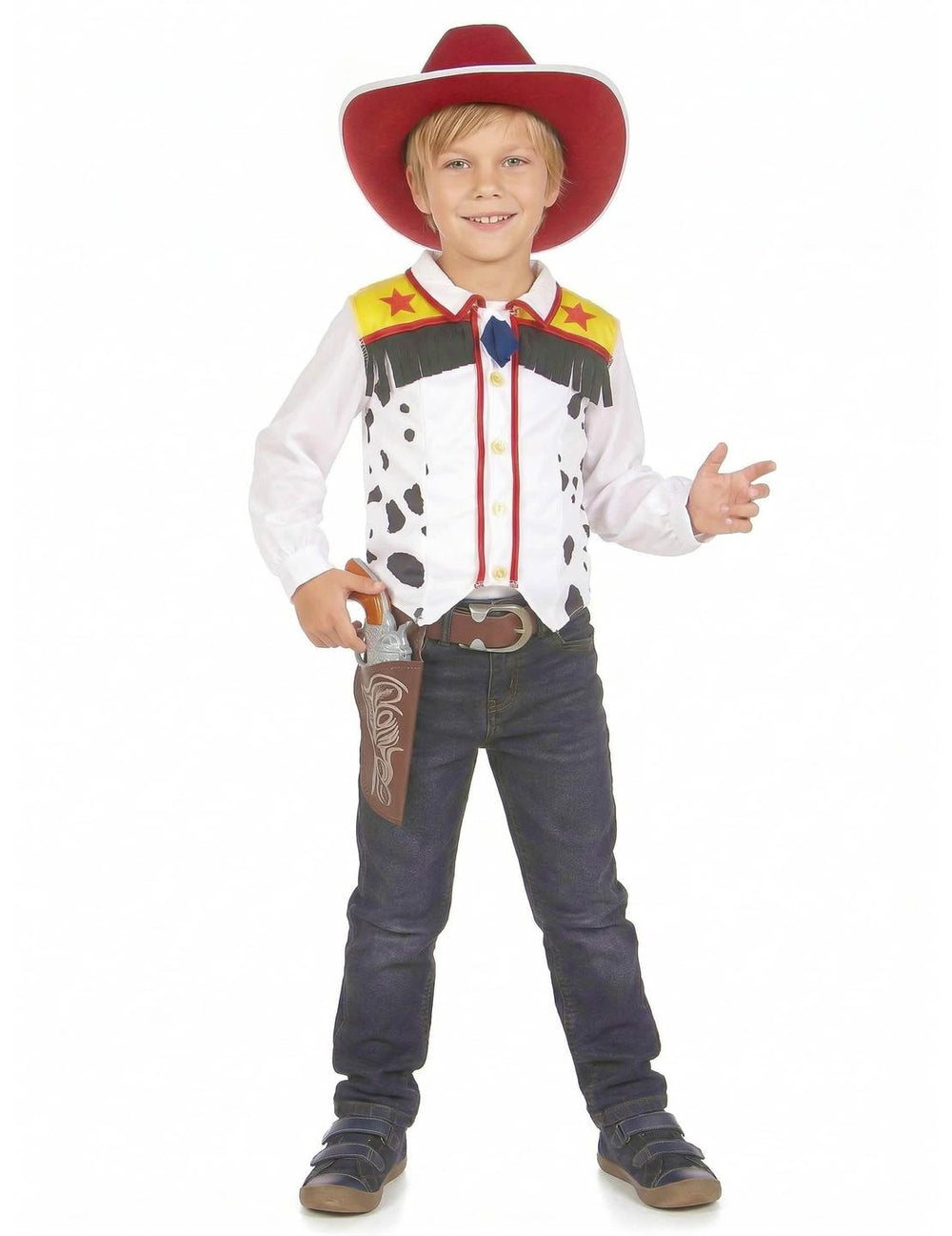 Cowboy jelmez fiúknak, fehér fekete foltokkal, rojtos mellénnyel és piros kalappal