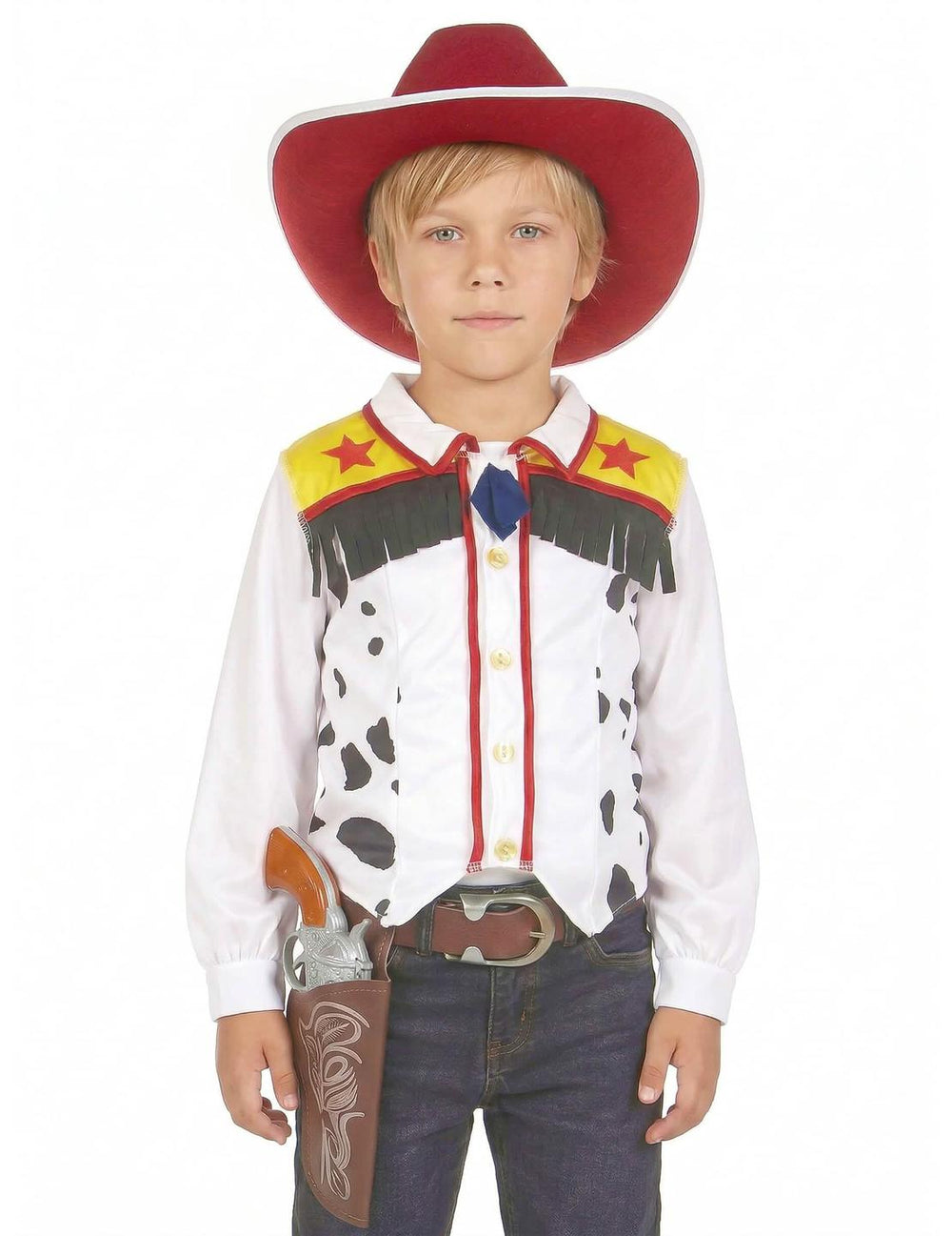 Közelkép a fiúnak szánt cowboy jelmez mellényéről és kalapjáról