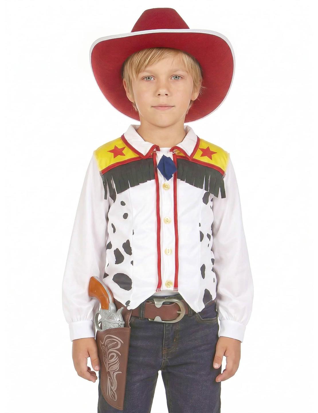 Közelkép a fiúnak szánt cowboy jelmez mellényéről és kalapjáról