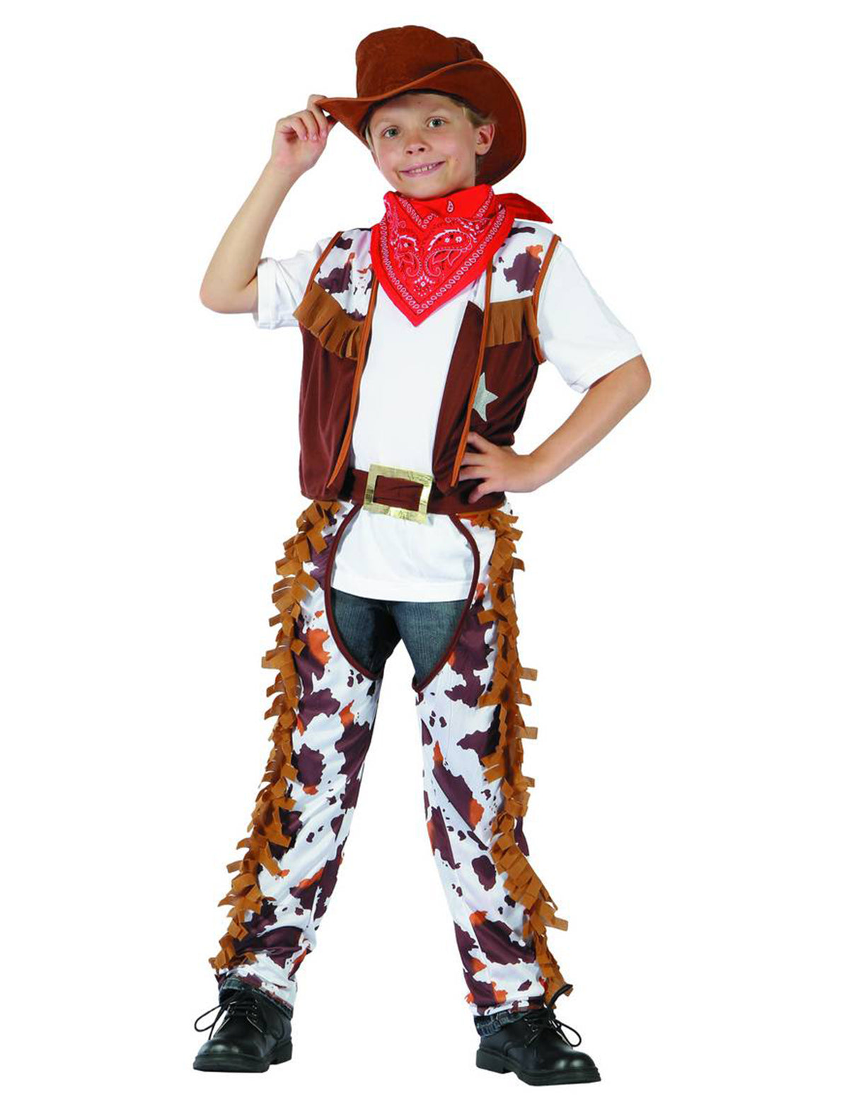 Déguisement cowboy shériff pour garçon marron et blanc avec motif vache