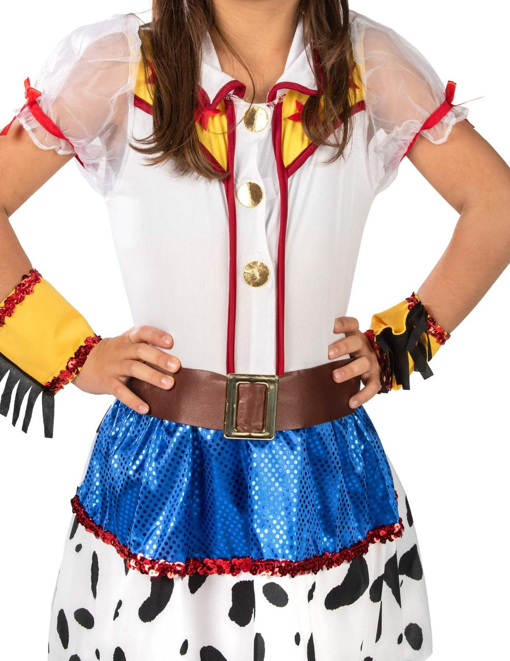 Közelkép a rajzfilmes cowgirl jelmez mellrészéről és övéről