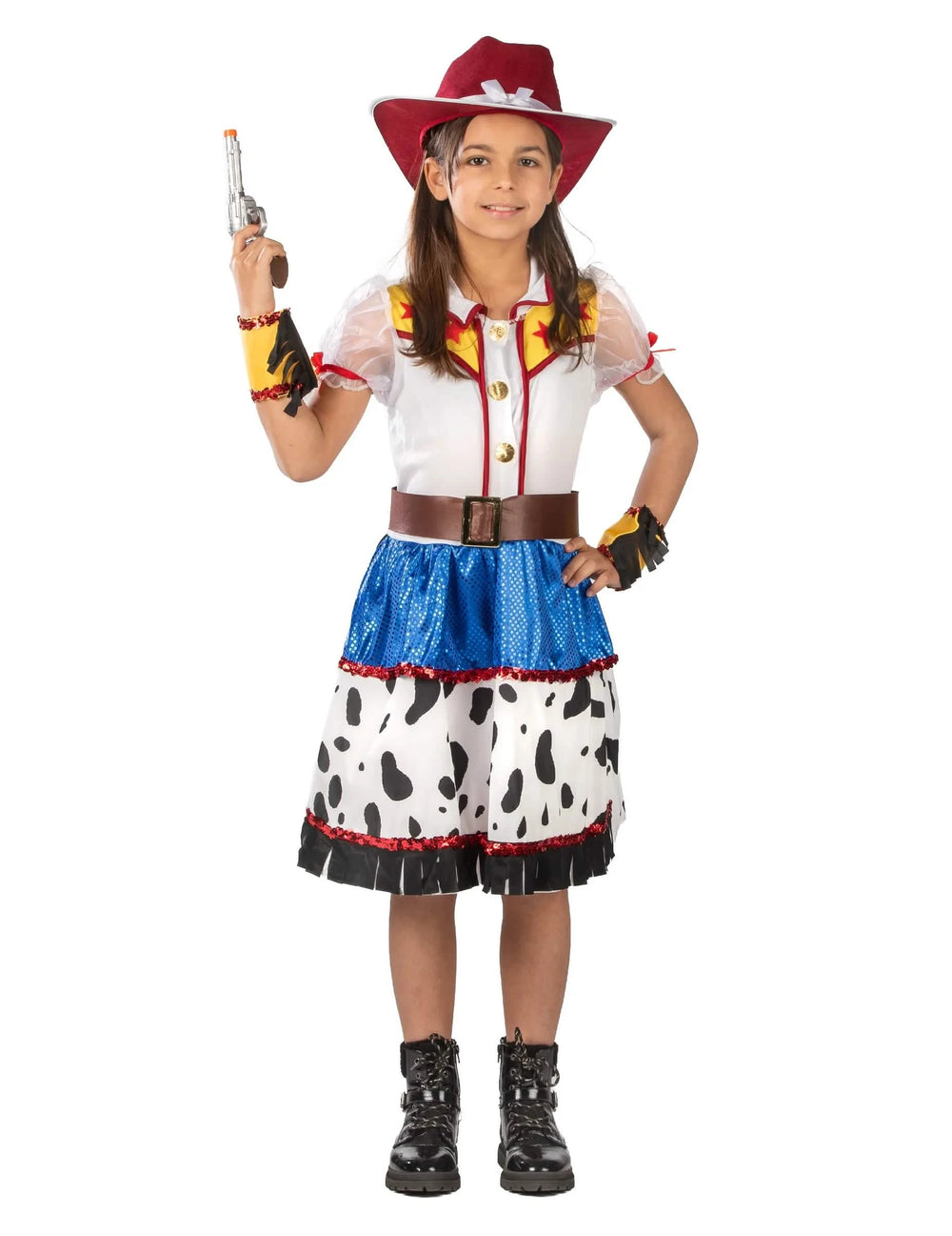 cowgirl rajzfilmszerep lánynak piros kalappal és tehénmintás szoknyával