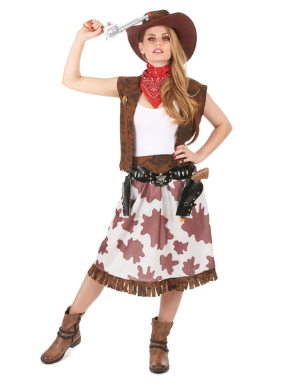 Déguisement cowgirl classique pour femme marron et blanc à motifs vache avec chapeau et bandana
