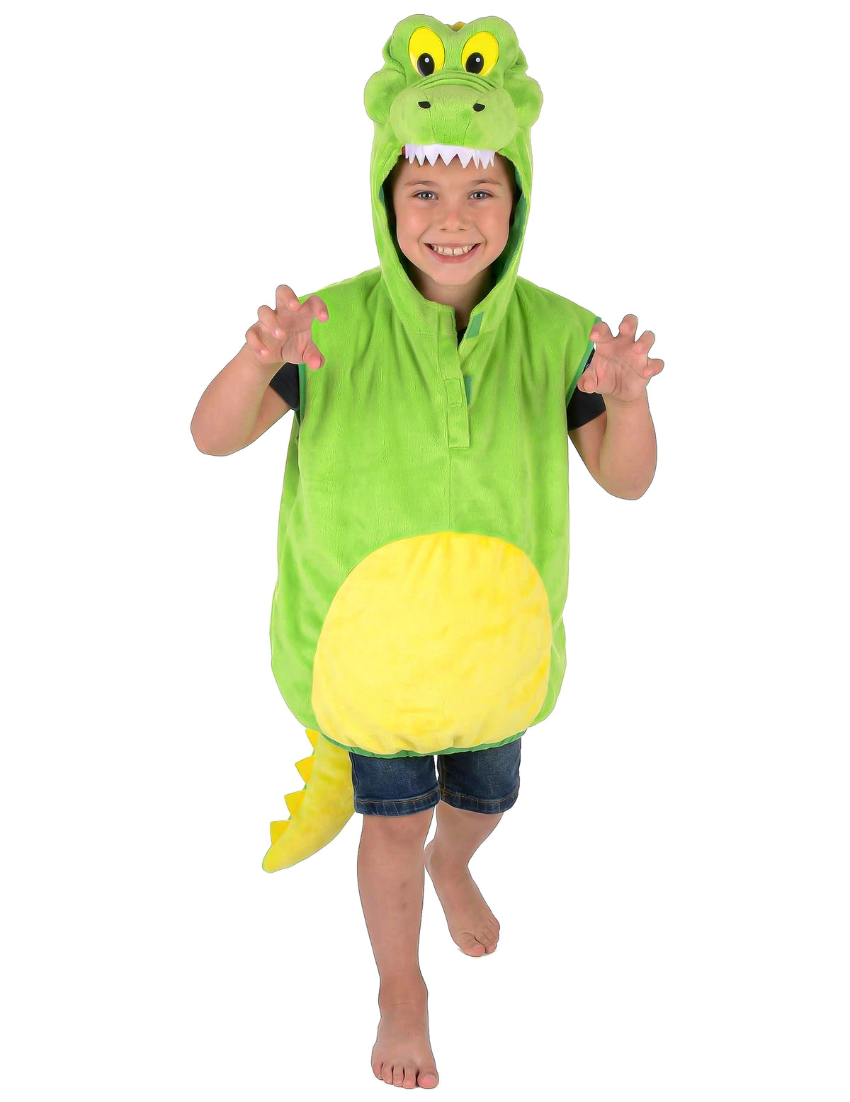 Déguisement crocodile rembourré pour enfant vert et jaune avec capuche et queue