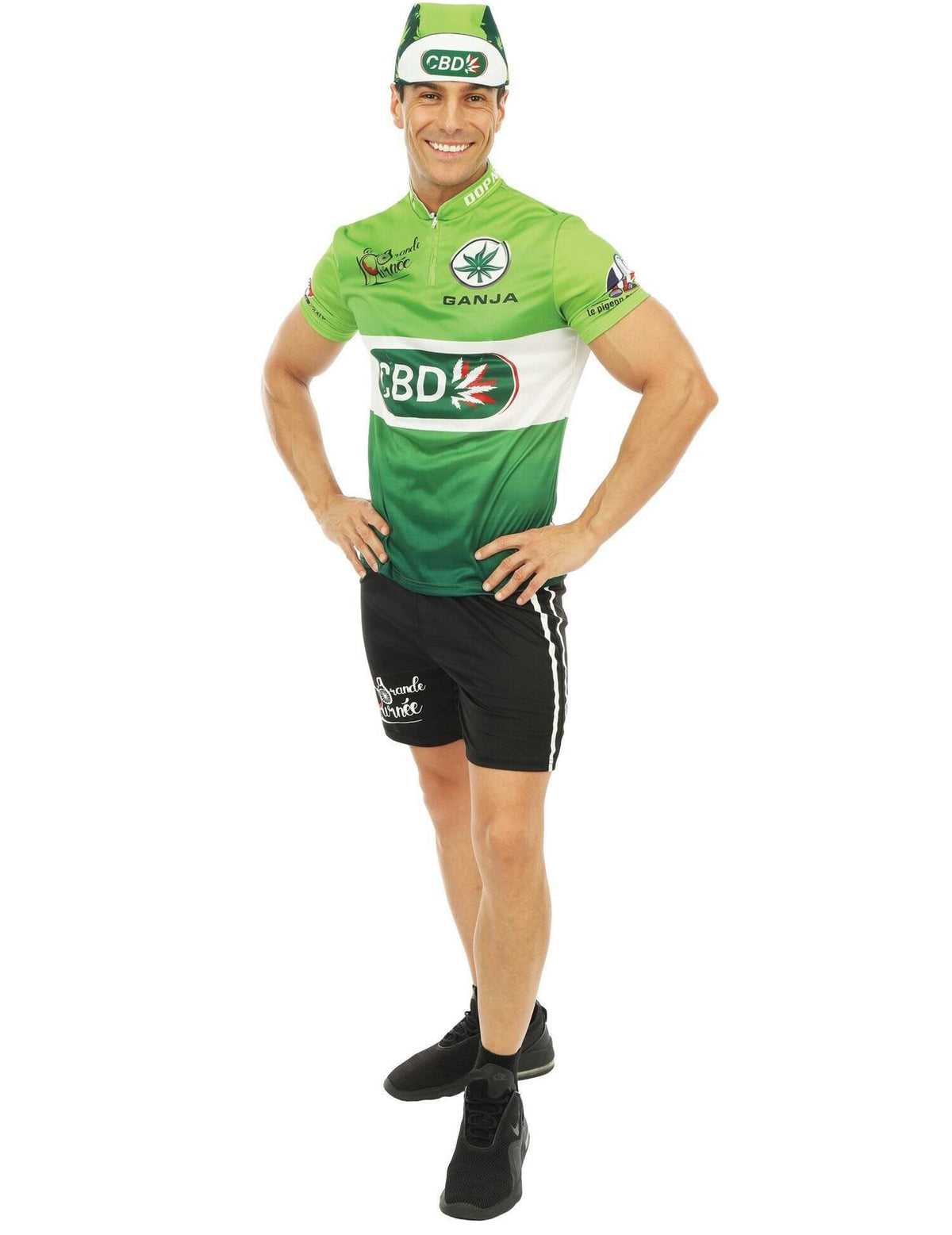 Vue de trois-quarts du déguisement cycliste CBD pour homme