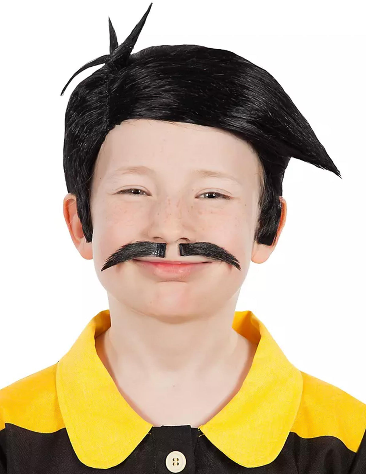 Gros plan sur la perruque et la moustache du déguisement de Dalton pour garçon