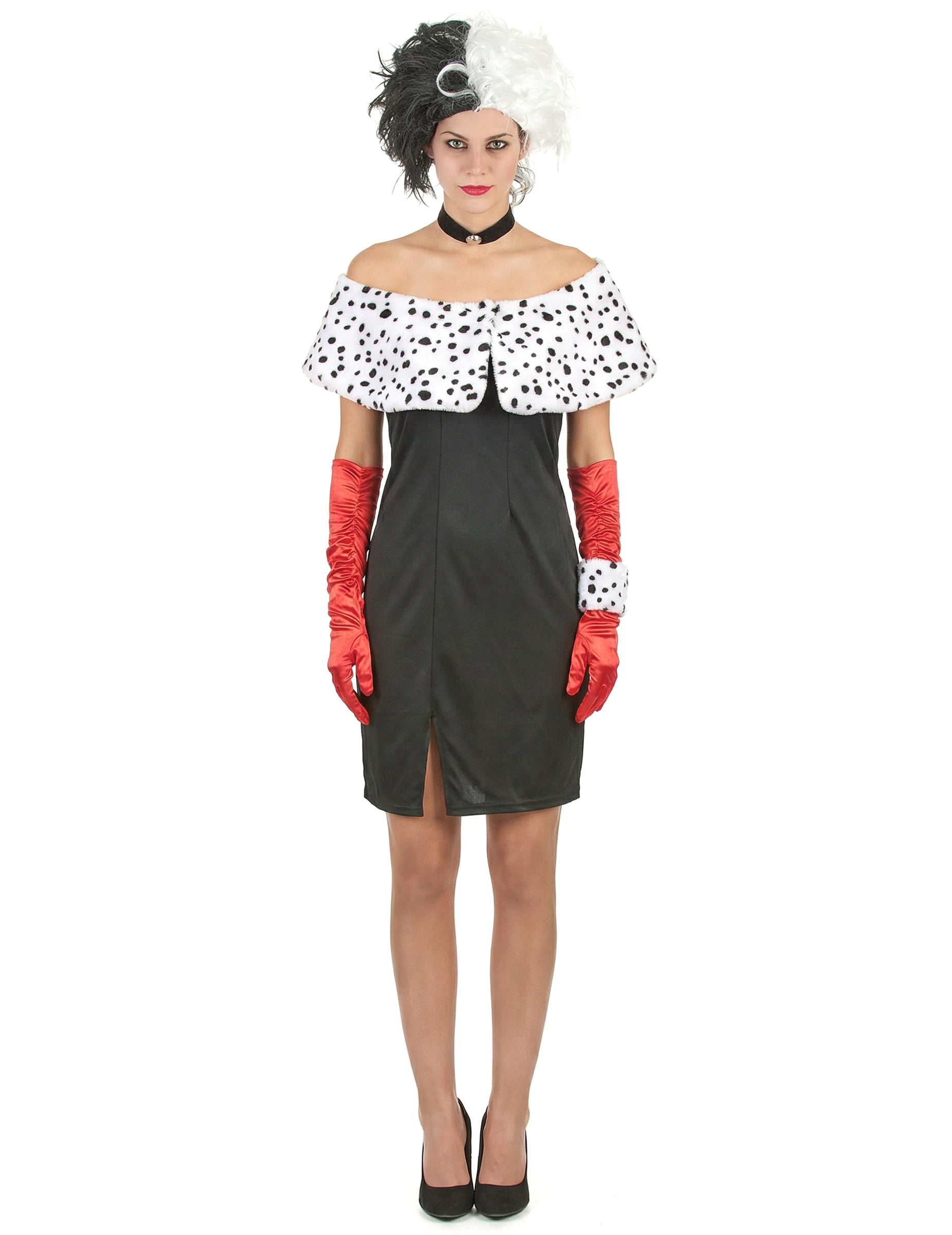 Fekete-fehér pöttyös szexi gonosz női jelmez piros kesztyűvel